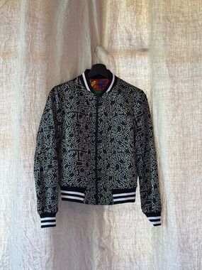 Alice + Olivia Black and White Abstract Line Bomber Jacket